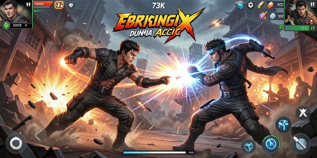 Tampilan gameplay seru dalam 73K dengan pertarungan mendebarkan.
