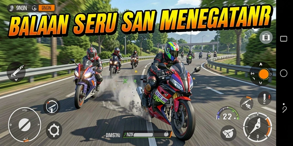 Tangkapan layar gameplay menampilkan aksi balapan motor yang mendebarkan.