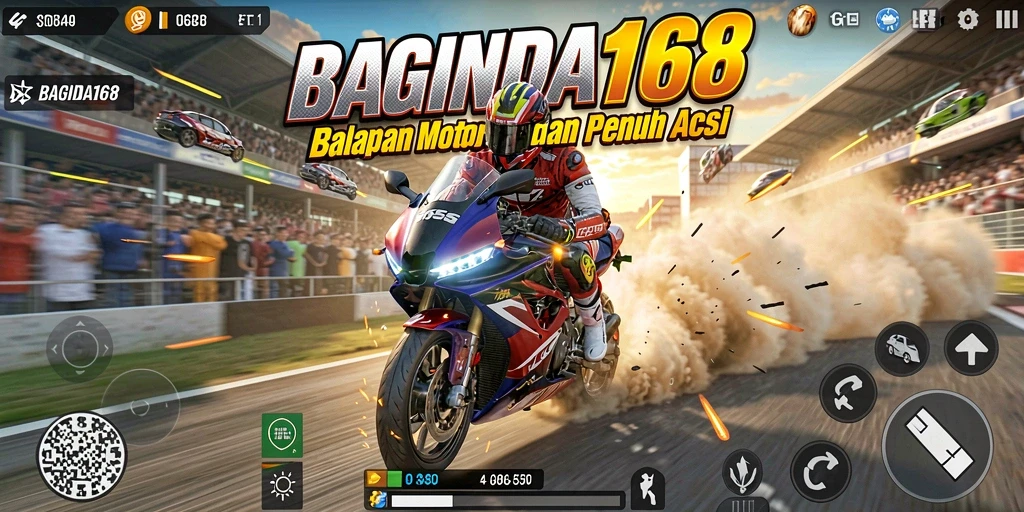 Screenshot gameplay BAGINDA168 menampilkan aksi balapan motor yang mendebarkan.