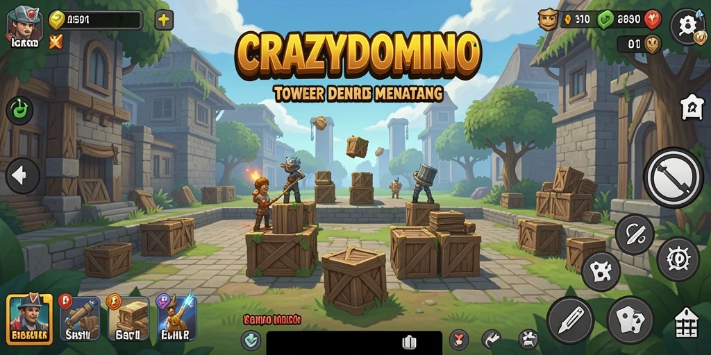 Tampilan gameplay seru di CRAZYDOMINO dengan menara mempertahankan wilayah.
