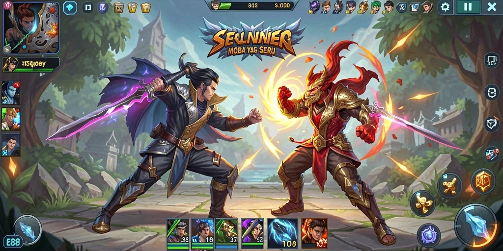 Screenshot E88 menampilkan pertarungan seru antara dua tim MOBA.
