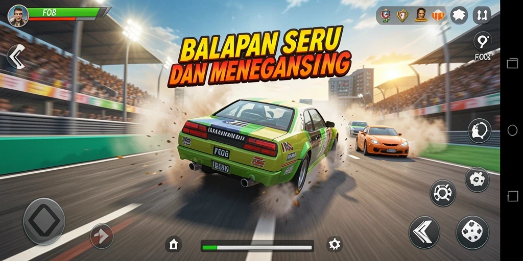 Screenshot utama dari gameplay balapan yang seru di FO8.