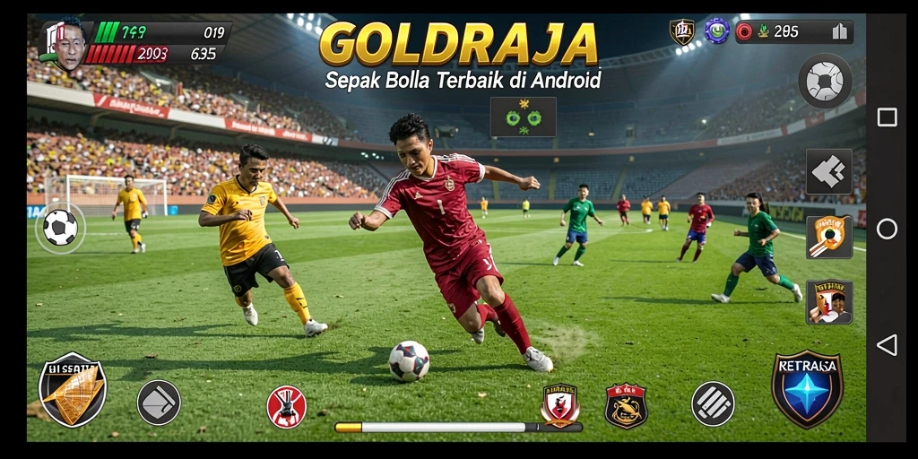 Screenshot GOLDRAJA menampilkan aksi seru dalam permainan sepak bola.