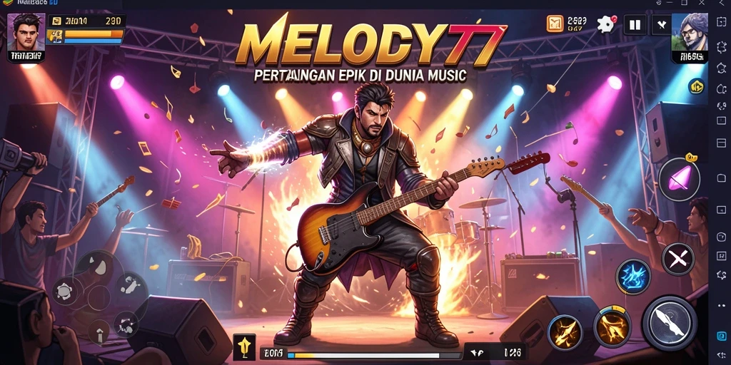 Tampilan gameplay MELODY77 menampilkan pertarungan seru dengan gerakan karakter yang sinkron dengan musik.