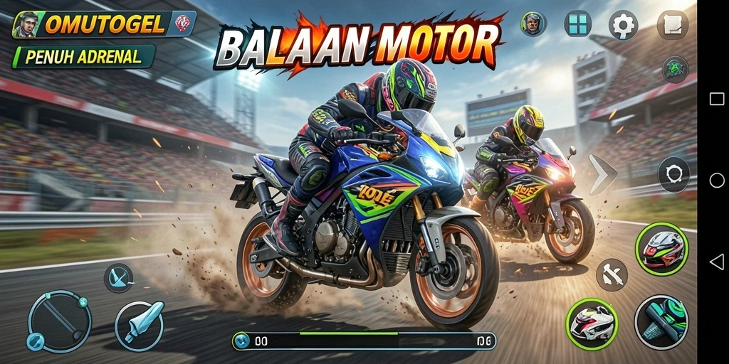 Screenshot gameplay OMUTOGEL menampilkan aksi balapan motor yang mendebarkan.