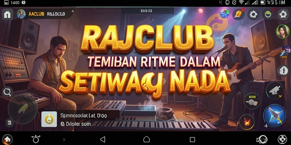 Screenshot gameplay RAJACLUB menampilkan pemain berinteraksi dengan alat musik.