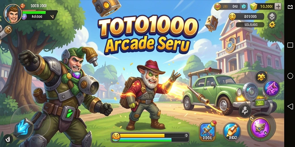Screenshot utama TOTO1000 menampilkan aksi gameplay Arcade yang dinamis.